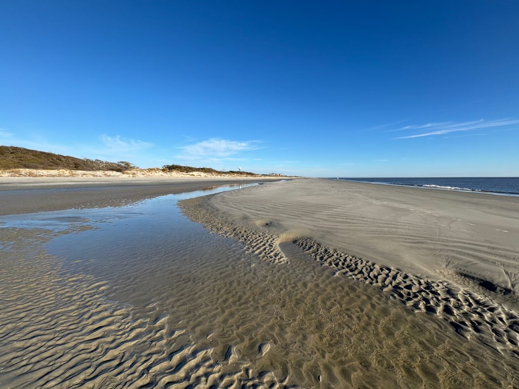 A sandy shoreline with grassy dunes in the background under a blue sky.