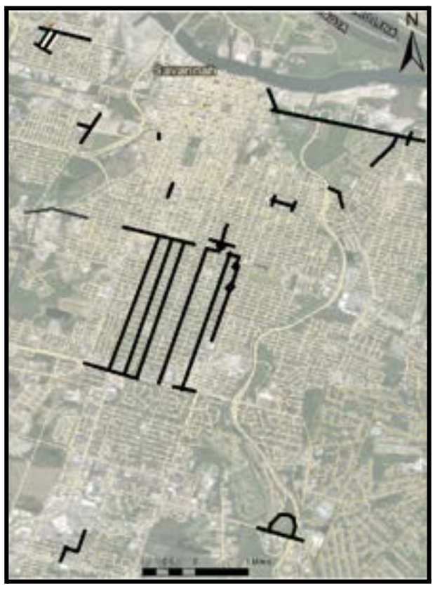 A satellite image of Savannah area roads, with certain sections marked in black.