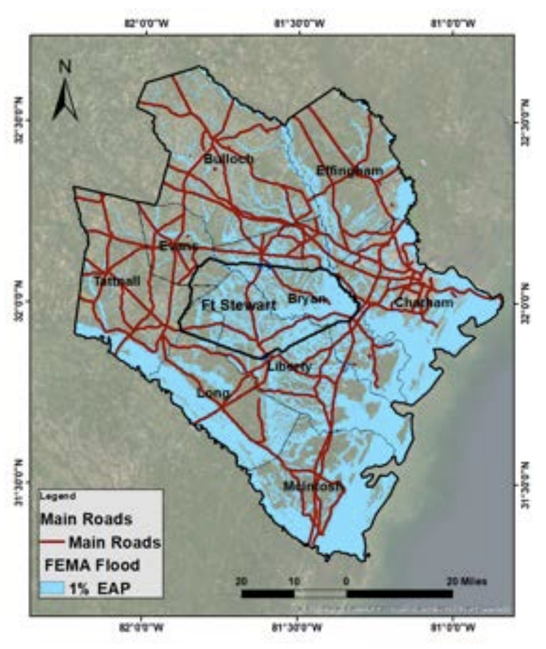 A map of the Savannah area showing main roads in red lines and 1% annual probability of flooding in blue.