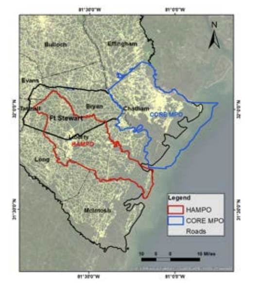 A map of HAMPO and CORE MPO boundaries for the Savannah area, outlined in red and blue respectively.