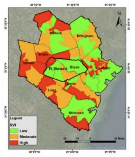 A map of Social Vulnerability Index (SVI) data for the Savannah area.