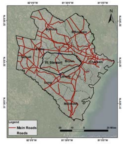 A map outlining roads across the study area in red.