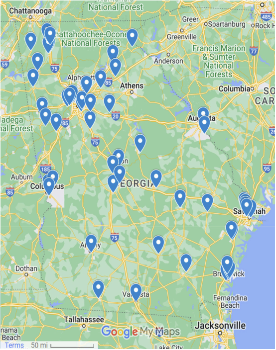 A map of Georgia with blue pins marking RMP facilities across the state.