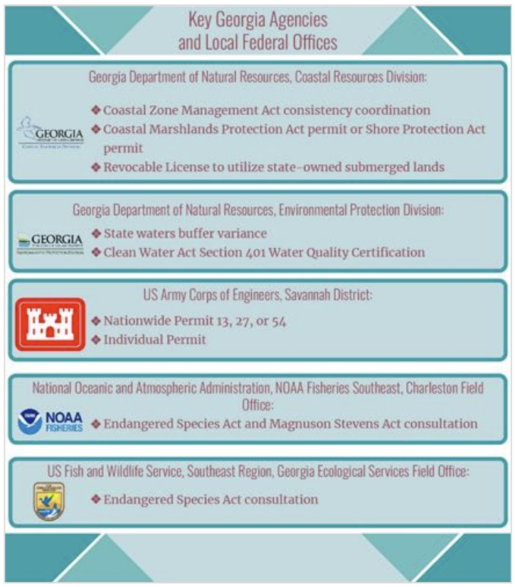 A graphic describing the key offices and agencies in Georgia for living shoreline permitting and their roles: GA Department of Natural Resources, GA EPD, US Army Corps of Engineers, National Oceanic and Atmospheric Administration, US Fish and Wildlife Service